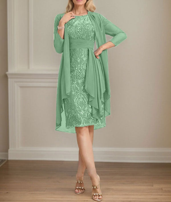 Sheath/Column Scoop Illusion Knee-Length Lace Chiffon Mother of the Bride Dress With Cascading Ruffles Sequins