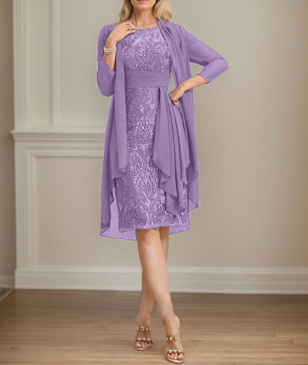 Sheath/Column Scoop Illusion Knee-Length Lace Chiffon Mother of the Bride Dress With Cascading Ruffles Sequins