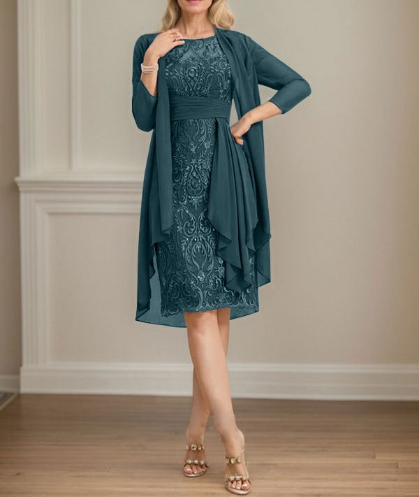 Sheath/Column Scoop Illusion Knee-Length Lace Chiffon Mother of the Bride Dress With Cascading Ruffles Sequins