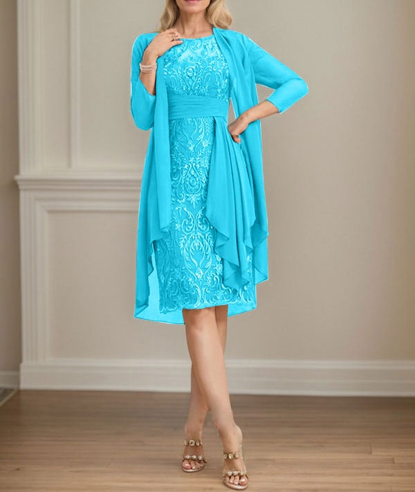 Sheath/Column Scoop Illusion Knee-Length Lace Chiffon Mother of the Bride Dress With Cascading Ruffles Sequins