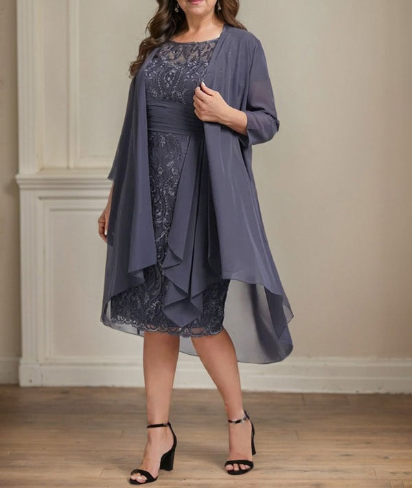 Sheath/Column Scoop Illusion Knee-Length Lace Chiffon Mother of the Bride Dress With Cascading Ruffles Sequins