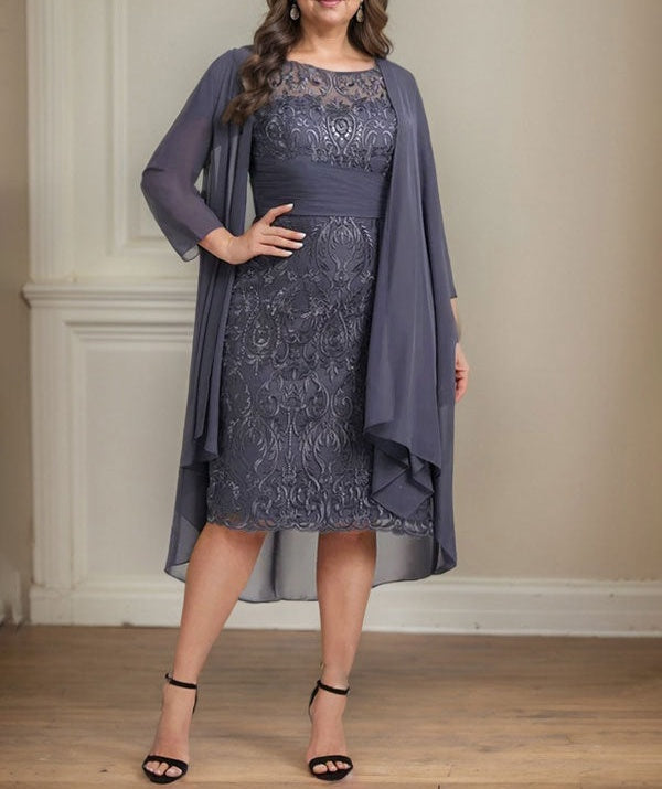 Sheath/Column Scoop Illusion Knee-Length Lace Chiffon Mother of the Bride Dress With Cascading Ruffles Sequins