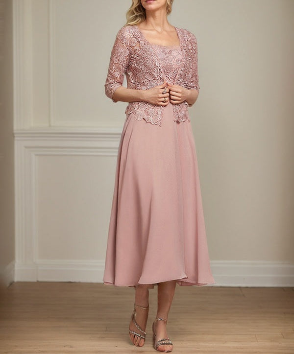 A-line Square Tea-Length Chiffon Lace Mother of the Bride Dress With Sequins Beading