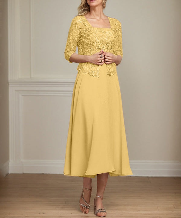 A-line Square Tea-Length Chiffon Lace Mother of the Bride Dress With Sequins Beading