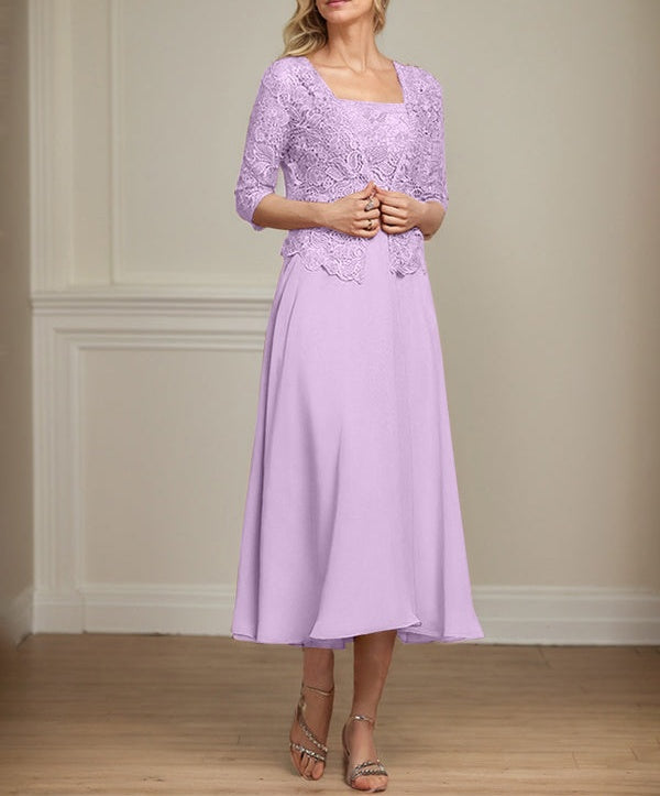 A-line Square Tea-Length Chiffon Lace Mother of the Bride Dress With Sequins Beading