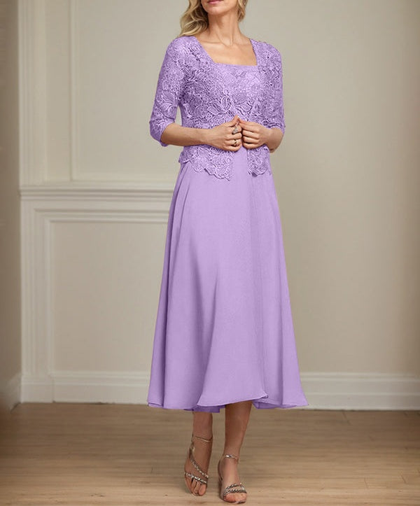 A-line Square Tea-Length Chiffon Lace Mother of the Bride Dress With Sequins Beading