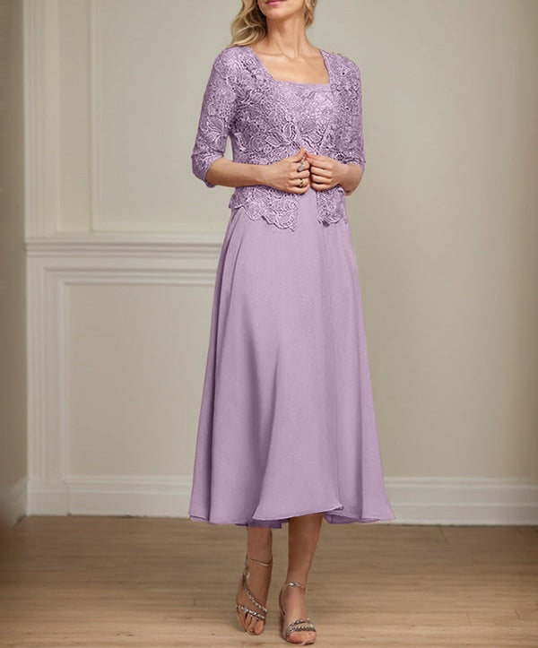A-line Square Tea-Length Chiffon Lace Mother of the Bride Dress With Sequins Beading