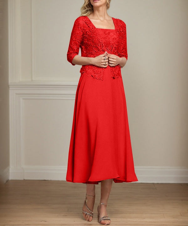 A-line Square Tea-Length Chiffon Lace Mother of the Bride Dress With Sequins Beading