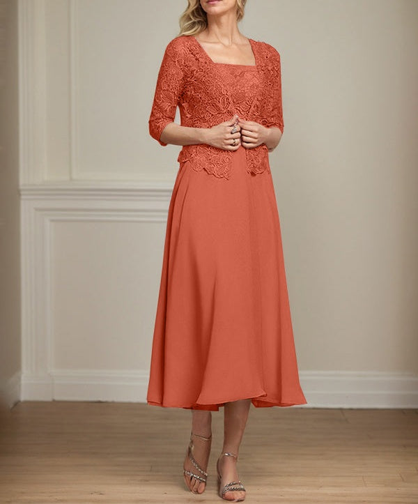 A-line Square Tea-Length Chiffon Lace Mother of the Bride Dress With Sequins Beading