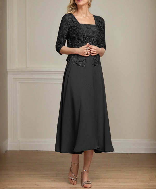 A-line Square Tea-Length Chiffon Lace Mother of the Bride Dress With Sequins Beading