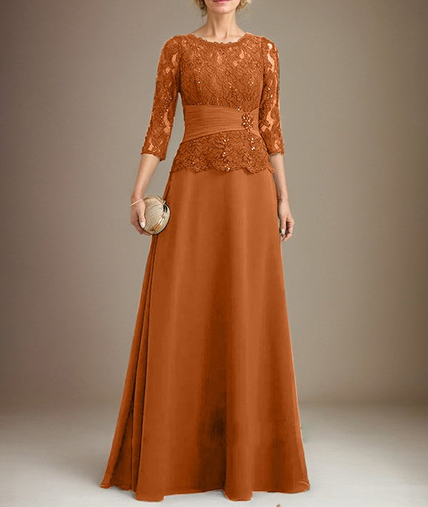 A-line Scoop Illusion Floor-Length Chiffon Lace Mother of the Bride Dress With Pleated Sequins Beading