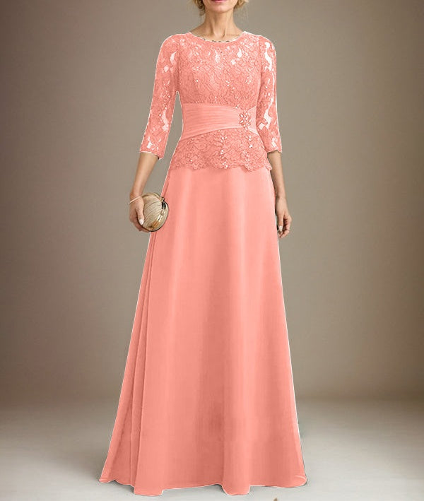 A-line Scoop Illusion Floor-Length Chiffon Lace Mother of the Bride Dress With Pleated Sequins Beading