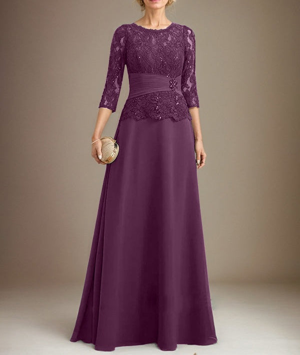 A-line Scoop Illusion Floor-Length Chiffon Lace Mother of the Bride Dress With Pleated Sequins Beading