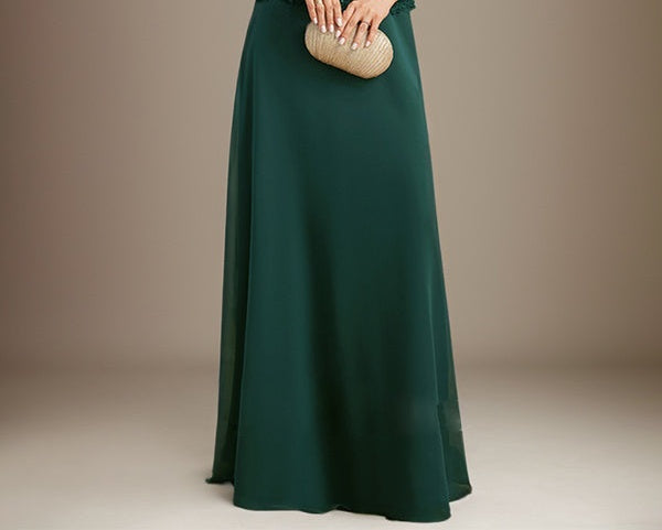 A-line Scoop Illusion Floor-Length Chiffon Lace Mother of the Bride Dress With Pleated Sequins Beading