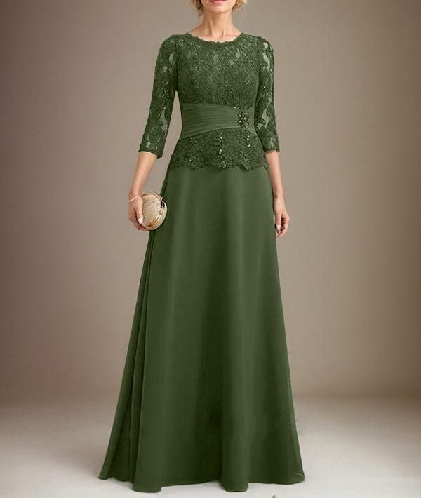 A-line Scoop Illusion Floor-Length Chiffon Lace Mother of the Bride Dress With Pleated Sequins Beading