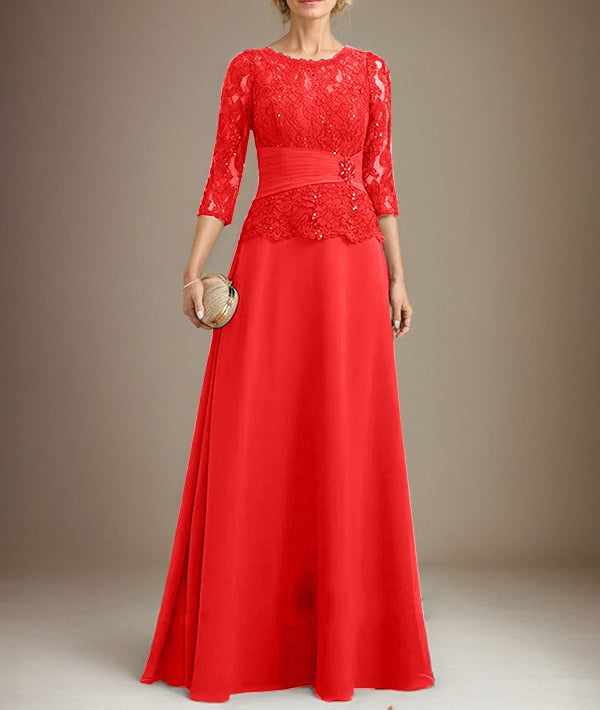 A-line Scoop Illusion Floor-Length Chiffon Lace Mother of the Bride Dress With Pleated Sequins Beading
