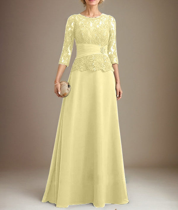 A-line Scoop Illusion Floor-Length Chiffon Lace Mother of the Bride Dress With Pleated Sequins Beading