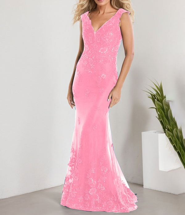 A-line V-Neck Floor-Length Lace Chiffon Mother of the Bride Dress With Applique Sequins Mermaid Dresses