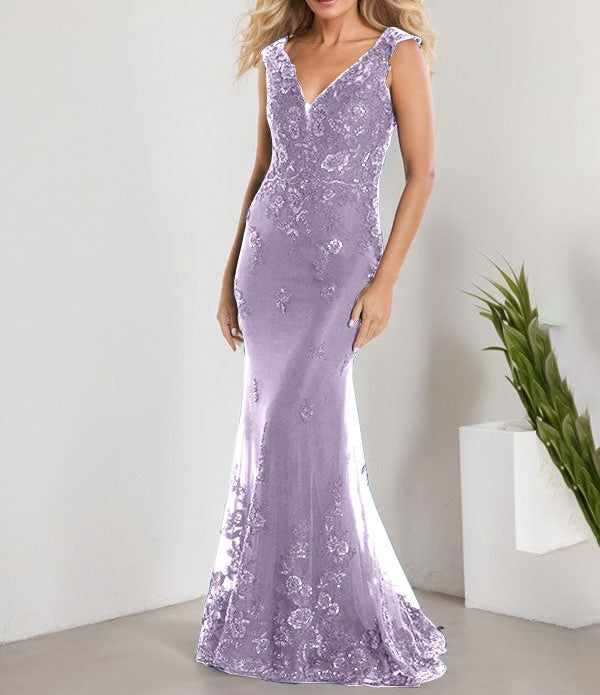 A-line V-Neck Floor-Length Lace Chiffon Mother of the Bride Dress With Applique Sequins Mermaid Dresses