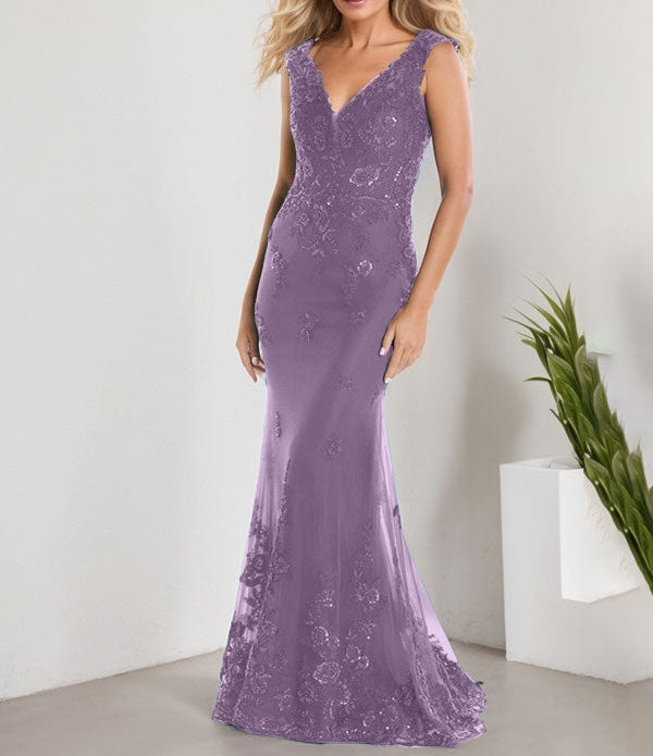 A-line V-Neck Floor-Length Lace Chiffon Mother of the Bride Dress With Applique Sequins Mermaid Dresses