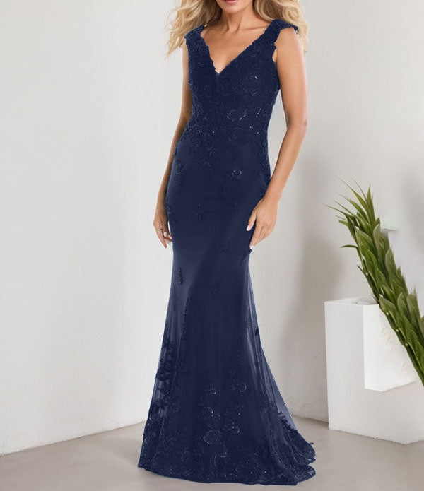 A-line V-Neck Floor-Length Lace Chiffon Mother of the Bride Dress With Applique Sequins Mermaid Dresses
