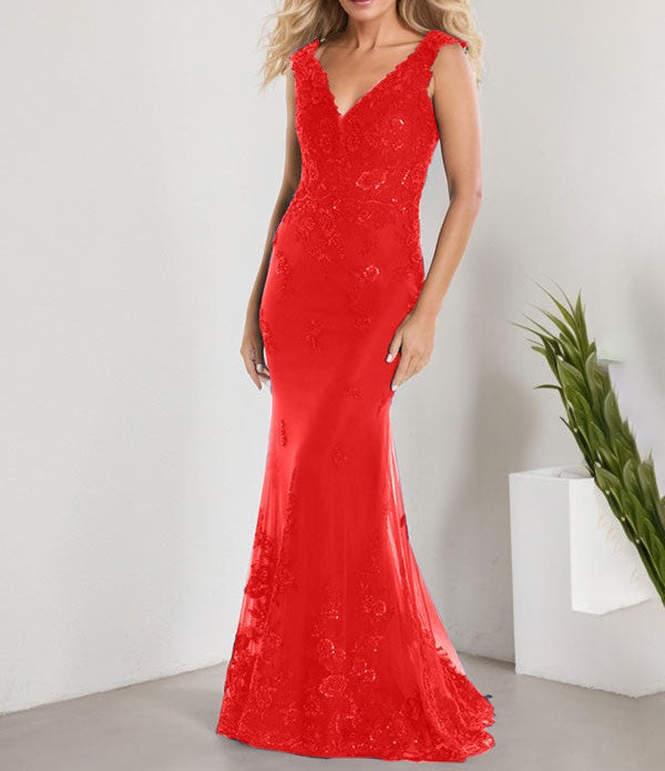 A-line V-Neck Floor-Length Lace Chiffon Mother of the Bride Dress With Applique Sequins Mermaid Dresses