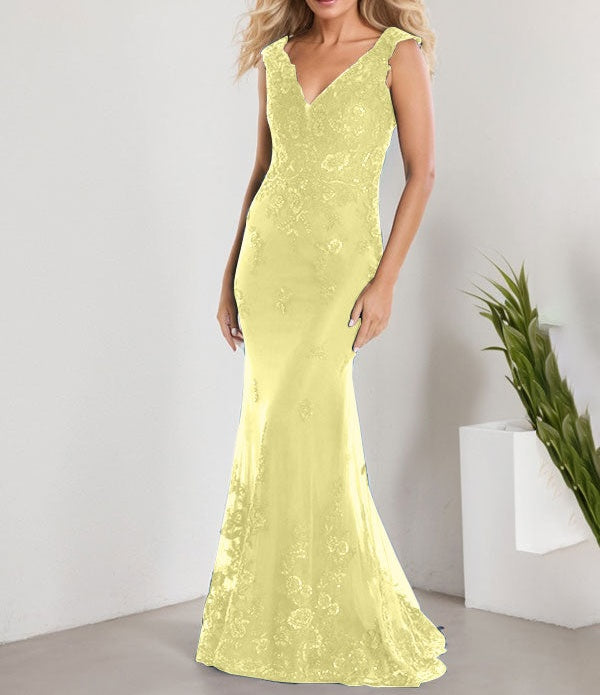 A-line V-Neck Floor-Length Lace Chiffon Mother of the Bride Dress With Applique Sequins Mermaid Dresses