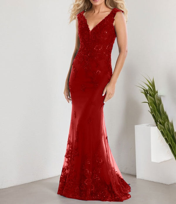 A-line V-Neck Floor-Length Lace Chiffon Mother of the Bride Dress With Applique Sequins Mermaid Dresses