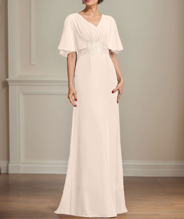 A-line V-Neck Floor-Length Chiffon Mother of the Bride Dress With Pleated Sequins Appliques Lace