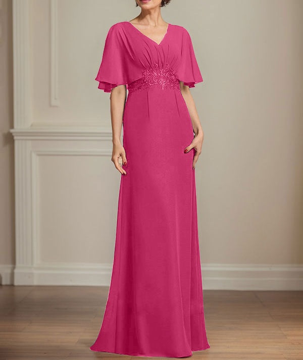 A-line V-Neck Floor-Length Chiffon Mother of the Bride Dress With Pleated Sequins Appliques Lace