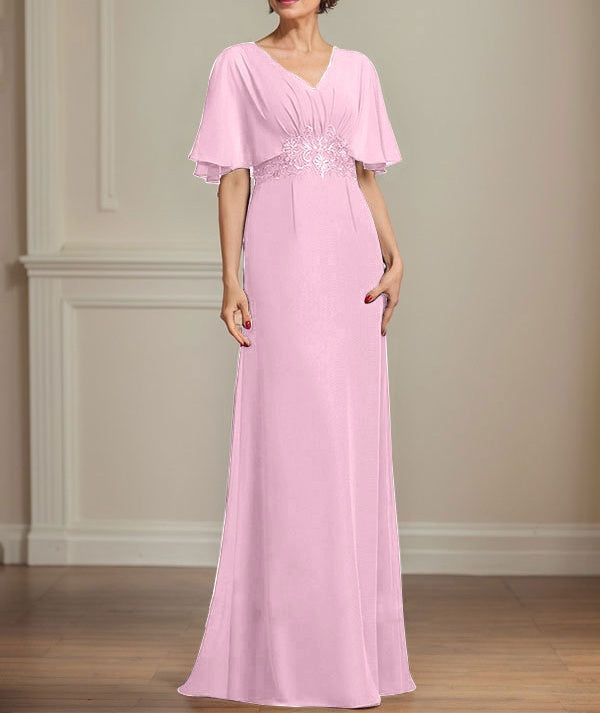 A-line V-Neck Floor-Length Chiffon Mother of the Bride Dress With Pleated Sequins Appliques Lace