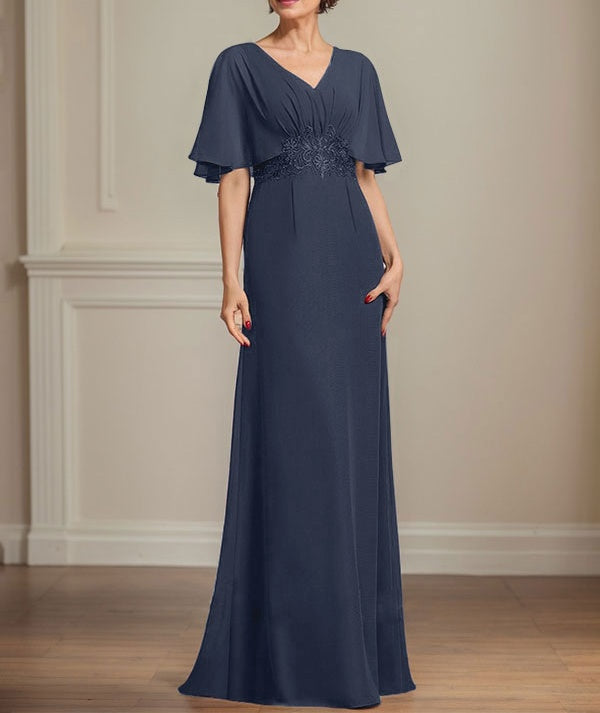 A-line V-Neck Floor-Length Chiffon Mother of the Bride Dress With Pleated Sequins Appliques Lace