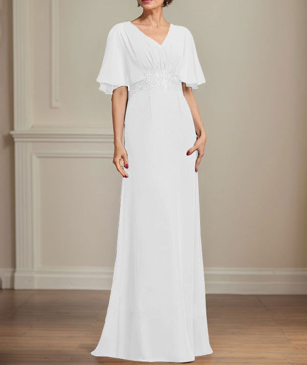 A-line V-Neck Floor-Length Chiffon Mother of the Bride Dress With Pleated Sequins Appliques Lace
