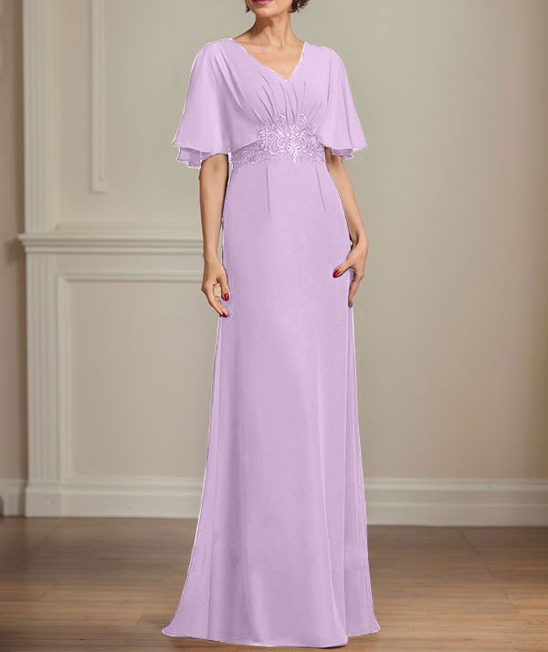 A-line V-Neck Floor-Length Chiffon Mother of the Bride Dress With Pleated Sequins Appliques Lace