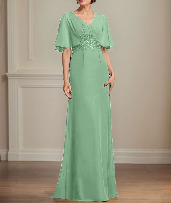 A-line V-Neck Floor-Length Chiffon Mother of the Bride Dress With Pleated Sequins Appliques Lace