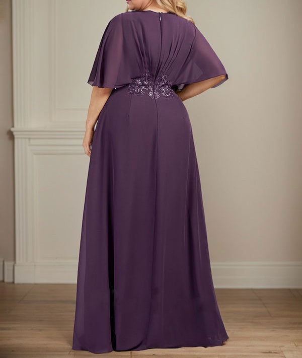 A-line V-Neck Floor-Length Chiffon Mother of the Bride Dress With Pleated Sequins Appliques Lace