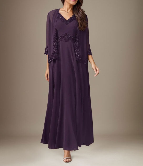 Plum A-Line Sequins Chiffon Dress