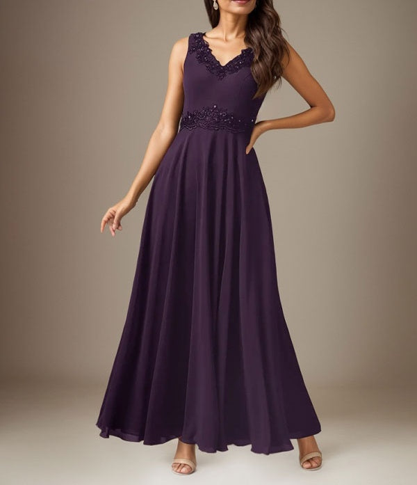 Plum A-Line Sequins Chiffon Dress