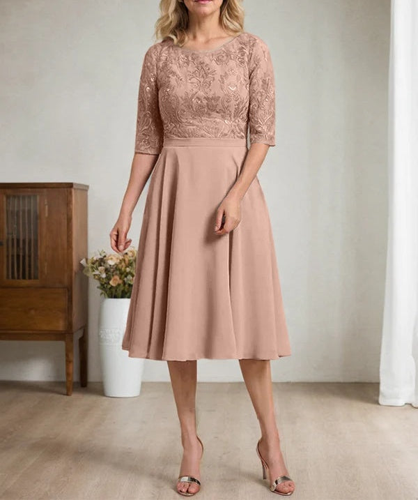 A-line Scoop Knee-Length Lace Chiffon Mother of the Bride Dress