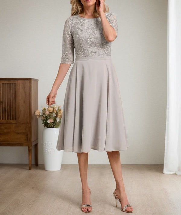 A-line Scoop Knee-Length Lace Chiffon Mother of the Bride Dress