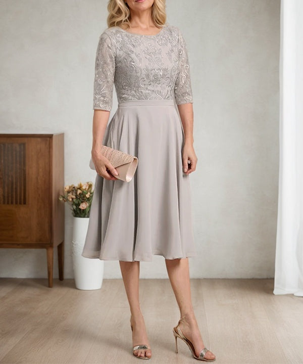 A-line Scoop Knee-Length Lace Chiffon Mother of the Bride Dress