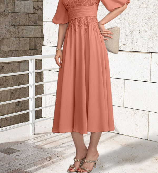 A-line V-Neck Tea-Length Lace Chiffon Mother of the Bride Dress With Pleated