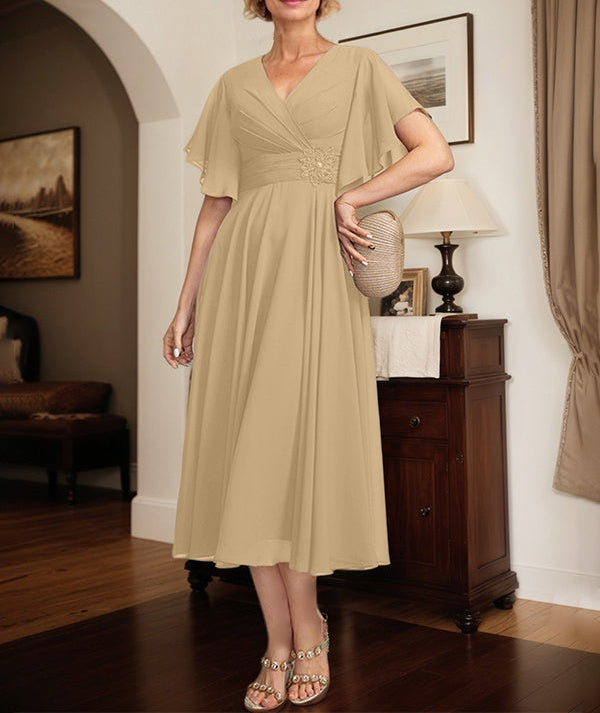 A-line V-Neck Tea-Length Chiffon Mother of the Bride Dress With Pleated Beading
