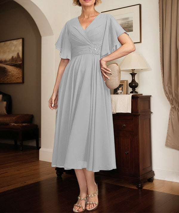 A-line V-Neck Tea-Length Chiffon Mother of the Bride Dress With Pleated Beading