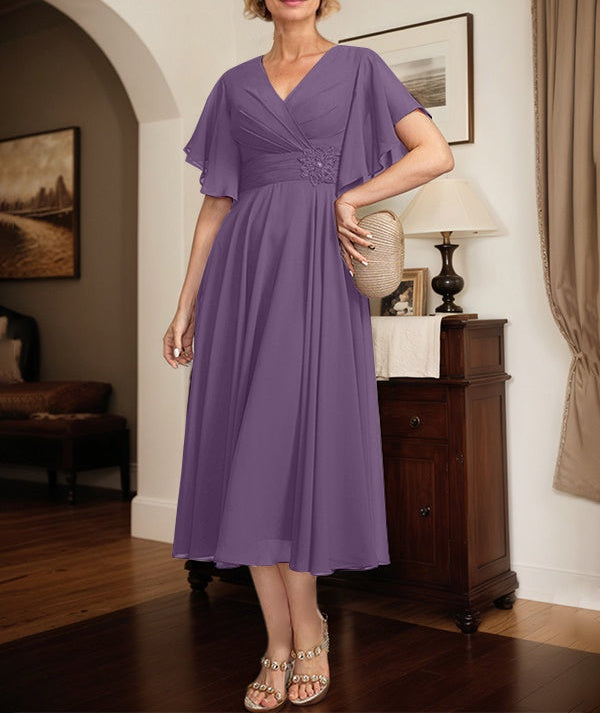 A-line V-Neck Tea-Length Chiffon Mother of the Bride Dress With Pleated Beading