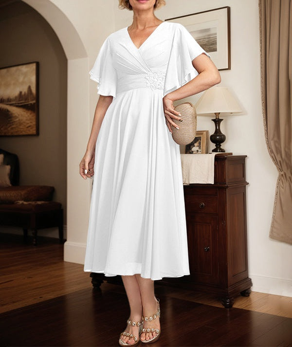 A-line V-Neck Tea-Length Chiffon Mother of the Bride Dress With Pleated Beading