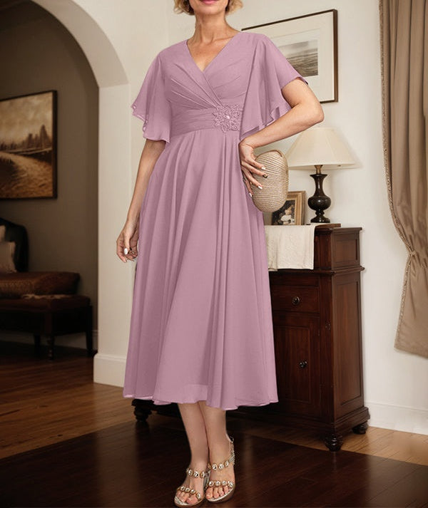 A-line V-Neck Tea-Length Chiffon Mother of the Bride Dress With Pleated Beading