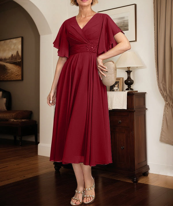 A-line V-Neck Tea-Length Chiffon Mother of the Bride Dress With Pleated Beading