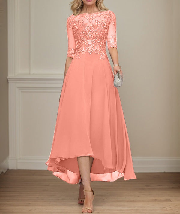 A-line Boat Neck Illusion Asymmetrical Chiffon Lace Mother of the Bride Dress With Sequins Beading