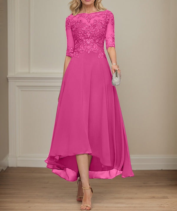 A-line Boat Neck Illusion Asymmetrical Chiffon Lace Mother of the Bride Dress With Sequins Beading